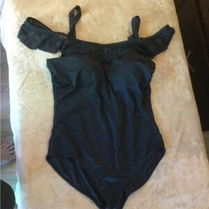 Bardot lace ruffle off the shoulder swimsuit